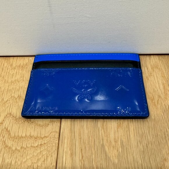 MCM Patricia Monogrammed Patent Leather Card Holder Wallet Neon Cobalt Blue - Picture 2 of 6